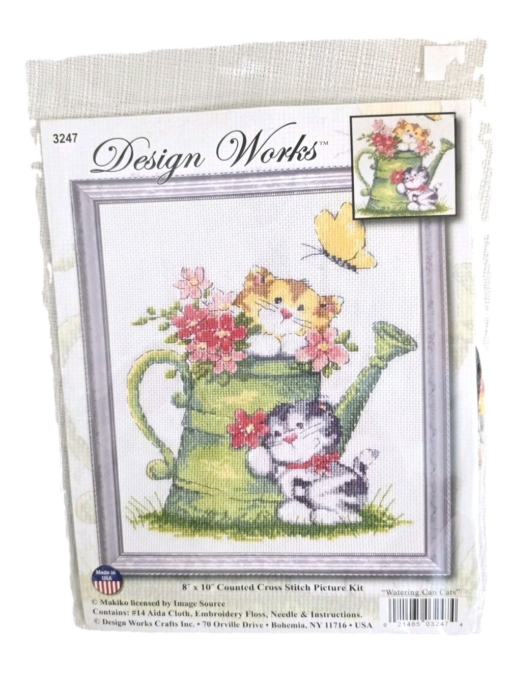 Vtg Counted Cross Stitch Kit Watering Can Cats 8x10 14 Count Design Works